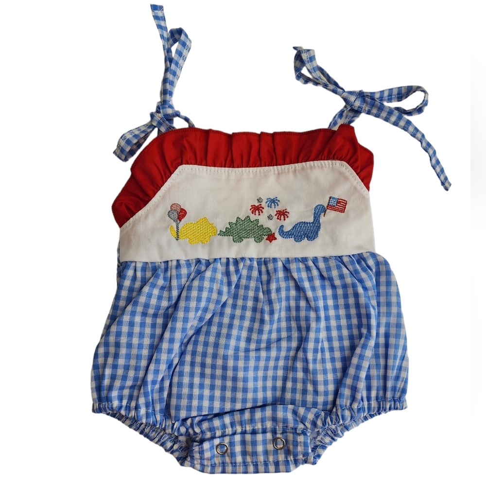 Patriotic Dinosaur Embroidery Bubble Romper